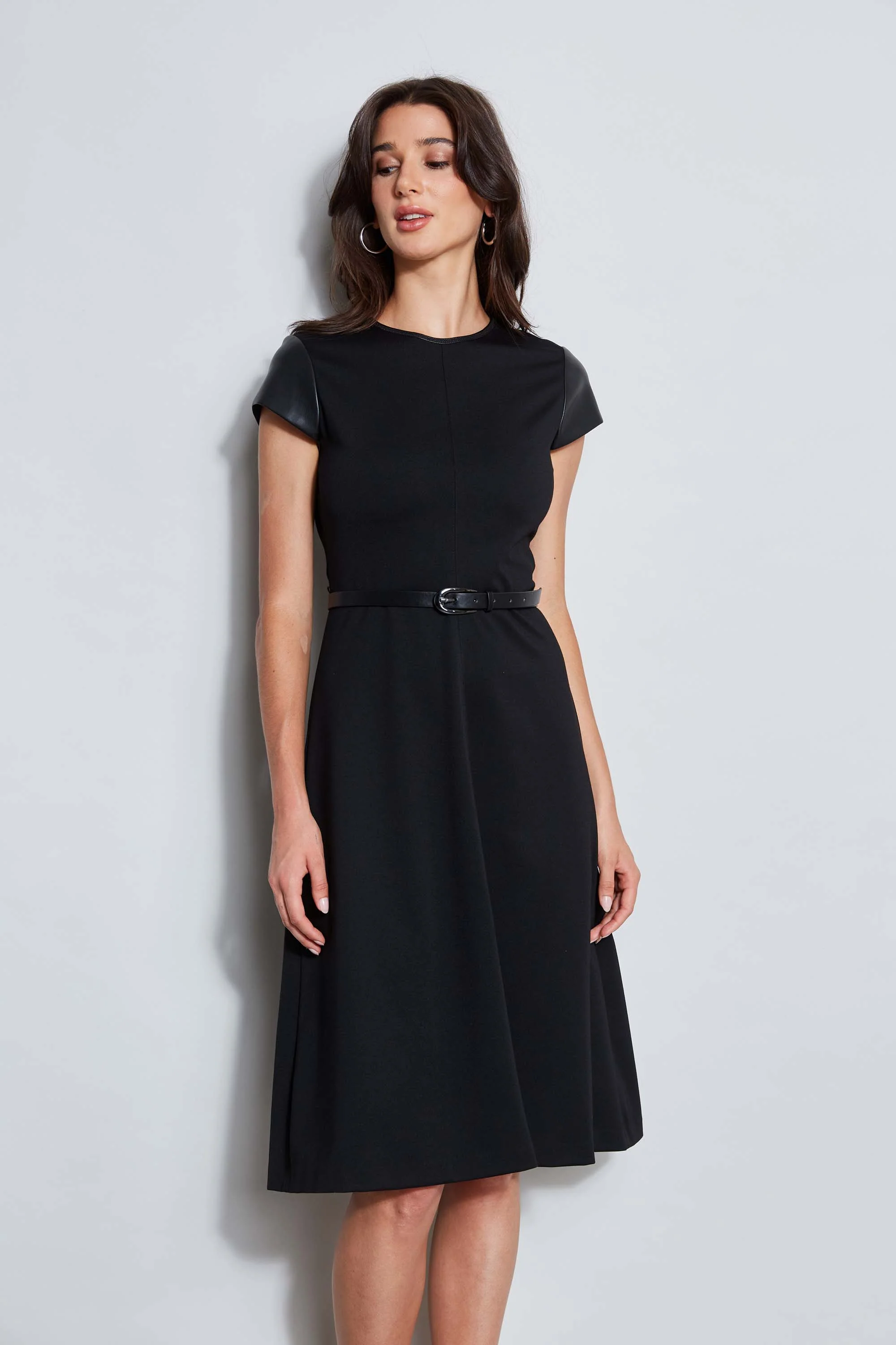 Vegan Leather Short Sleeve Belted Knit Dress - Inholu